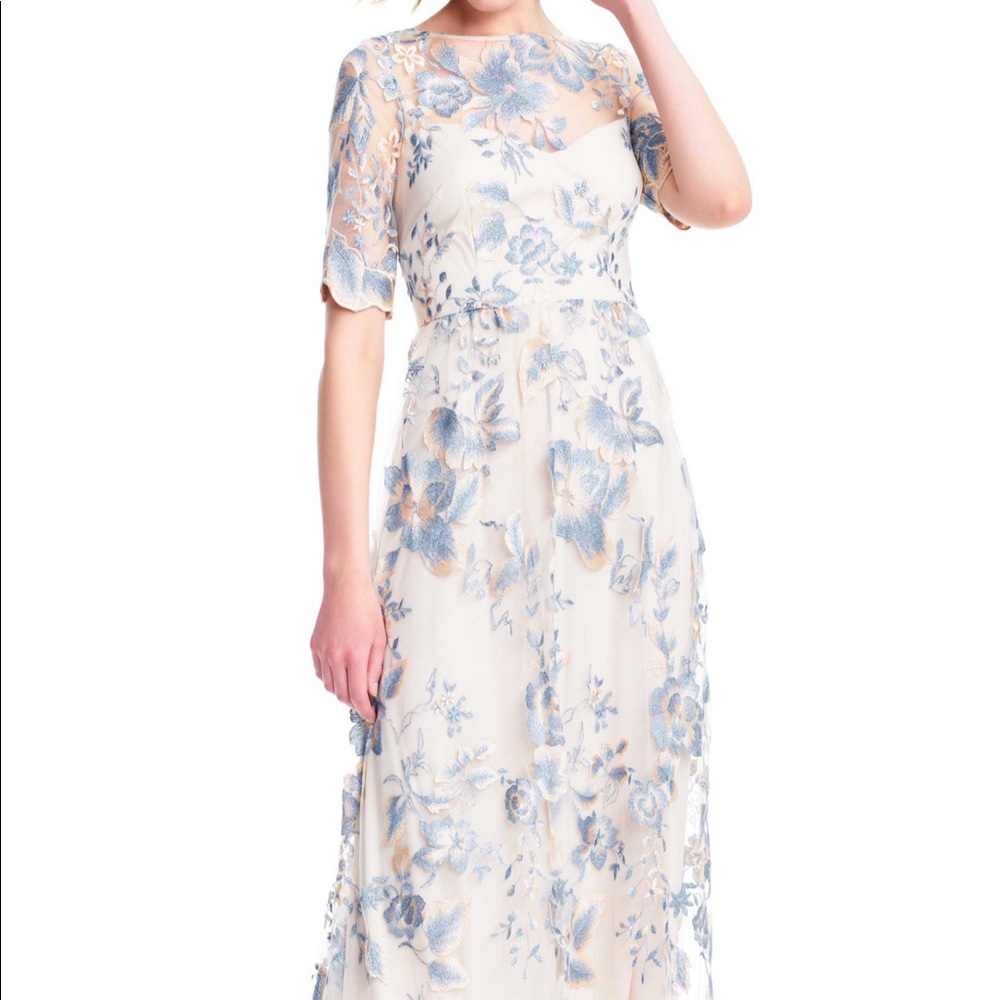 Long Adrianna Papell blue floral bridesmaid